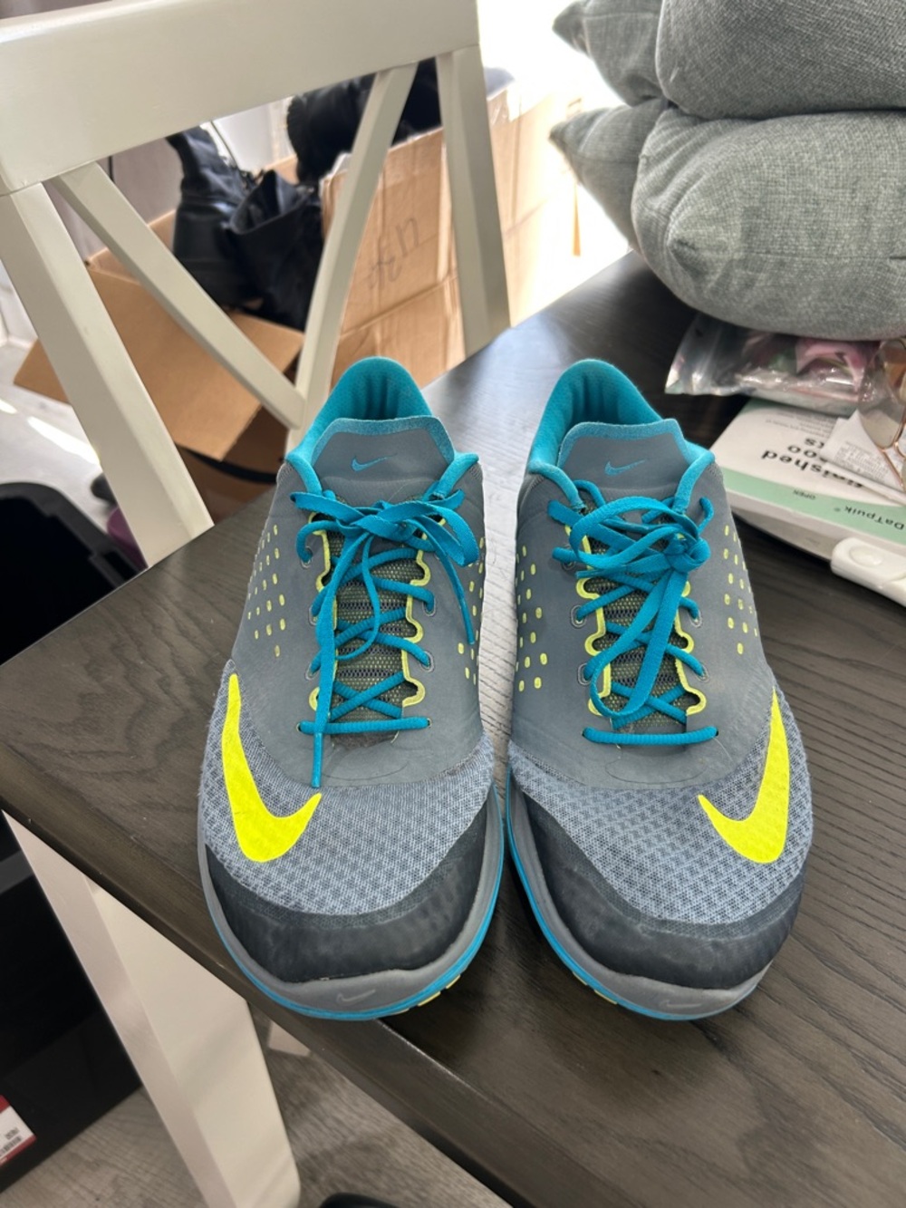 Nike Gray Sneakers with Neon Yellow Swoosh and Teal Accents